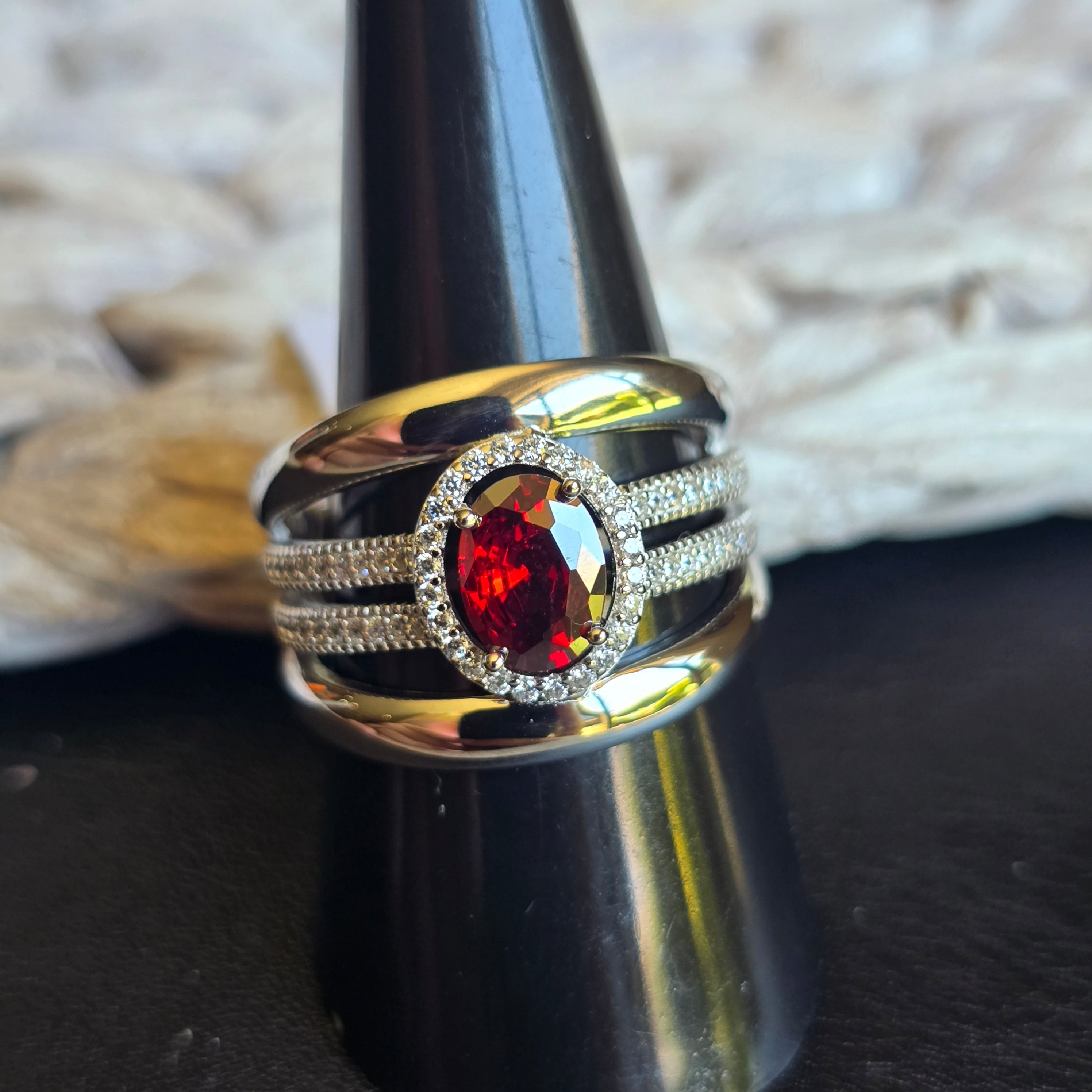 Red Garnet Oval Halo ring
