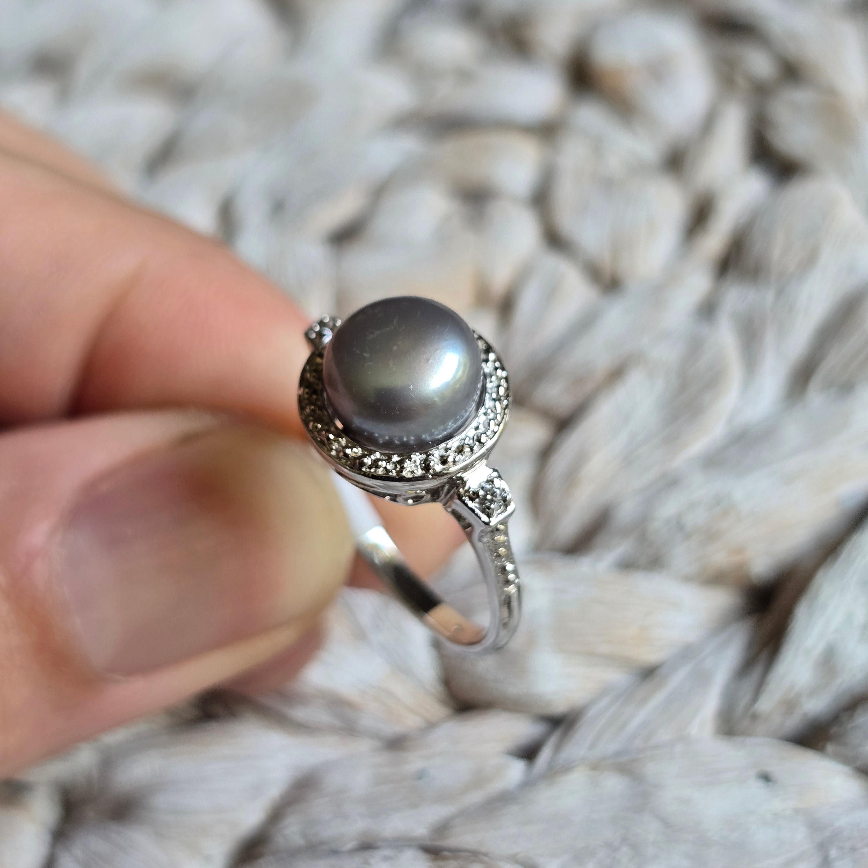Grey Pearl Halo ring